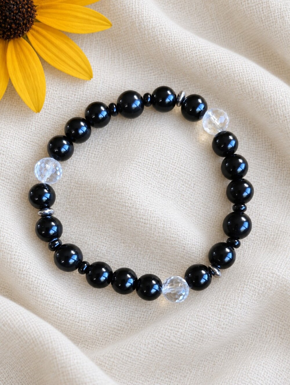 Black Onyx, Rainbow Obsidian & Clear Quartz Beaded Stretch Bracelet | Handmade